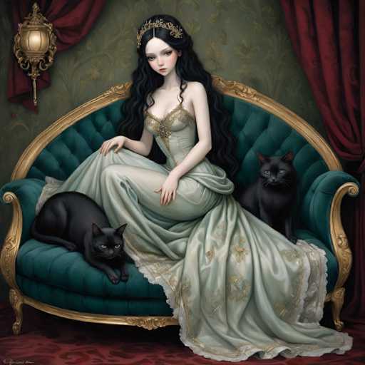 This image depicts a highly detailed, computer-generated illustration of a young woman with long, wavy black hair, seated on an ornate green velvet chaise lounge with gold trim. The woman, who has a pale complexion and is wearing a gold tiara, is dressed in a flowing, light green ball gown adorned with intricate gold embroidery and lace detailing. Her gown features a sweetheart neckline and a low-cut back, with the fabric elegantly draped around her. She is positioned with her legs crossed, one arm resting on her knee, and the other hanging by her side. 

To her left, a black cat with striking yellow eyes is lying on the chaise lounge, while another black cat with similar yellow eyes sits to her right. The background features a green floral wallpaper, red curtains, and a red carpet, adding to the luxurious and somewhat gothic ambiance of the scene. The overall composition and intricate details suggest that this image is a sophisticated piece of digital art.