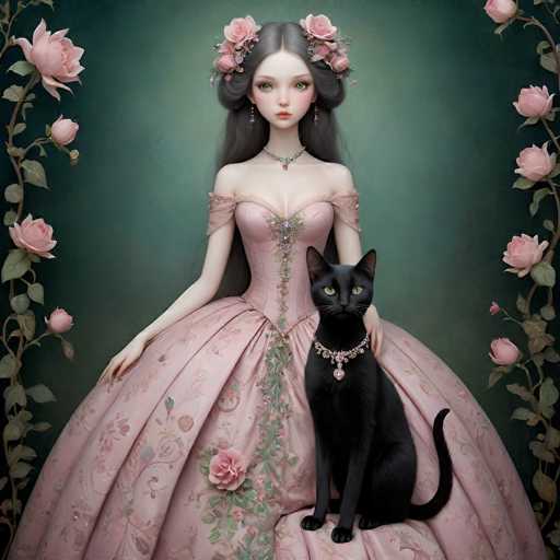 The image depicts a highly detailed, AI-generated painting of a young woman in her 20s, seated on a chair. She is adorned in a large, pink dress with a floral pattern, featuring a corset-like bodice and a voluminous skirt. Her long, dark hair is styled in two buns on either side of her head, with a few loose strands framing her face. She has a fair complexion, green eyes, and wears pink lipstick. Her attire is complemented by a necklace and dangling earrings. 

To her right, a black cat sits on the chair, gazing directly at the viewer. The cat is adorned with a pink necklace that has a pendant. The background is a gradient of green, darker at the edges and lighter towards the center, creating a soft, glowing effect around the woman. 

Flanking the woman are two vertical vines, each bearing four pink roses and lush green leaves, adding to the overall romantic and whimsical atmosphere of the painting.
