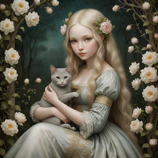 This image depicts a young girl with long, wavy blonde hair adorned with pink roses and green leaves. She is dressed in a Victorian-style, light blue dress with intricate gold embroidery along the bottom and sleeves, which are puffy and end just above her elbows. The dress features a ruffled neckline and a gold band around her upper arm. The girl is seated on the ground, cradling a gray cat with a pink nose and green eyes in her arms. The cat's right paw rests on her shoulder while its left paw is tucked under her arm. Surrounding her are white roses in various stages of bloom, with some fully open and others still closed. The background is a dark, foggy forest with tall trees, creating a mysterious and enchanting atmosphere.