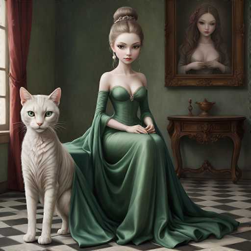 The image depicts a detailed, computer-generated scene of a woman seated in a room with a green wall and a window adorned with a red curtain. The floor features a black and white checkered pattern. The woman, who has light brown hair styled in a bun with a silver tiara, is wearing a green dress with long sleeves that extend to her elbows and a flowing cape. She has green eyes, red lipstick, and is looking directly at the viewer. Beside her sits a white cat with green eyes, also gazing at the viewer. Behind the woman, there is a wooden table with a lamp and a vase. On the wall, a large, ornate brown-framed painting of the woman hangs, showing her in a similar dress with her hair down. The painting's frame is intricately designed, adding to the overall elegance of the scene.
