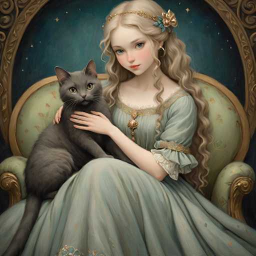 This image is a detailed, computer-generated illustration of a young woman with long, wavy blonde hair adorned with a gold headband and a blue flower. She is seated on an ornate, green chair with gold trim and floral patterns, holding a gray cat on her lap. The woman is wearing a light green dress with gold trim and buttons, and her right hand rests gently on the cat's chest. The cat, with striking yellow eyes, gazes directly at the viewer, while the woman looks slightly to the left. The background features a dark blue wall with gold stars, adding a whimsical touch to the scene. The overall composition is rich in detail, with the woman's dress and the chair's intricate design contributing to the image's elegant and fantastical atmosphere.