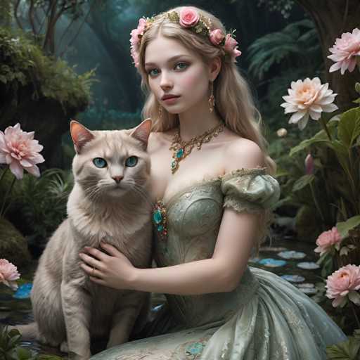 In this captivating image, a young girl with long blonde hair adorned with pink roses and green leaves sits gracefully on a stone pathway. She wears a stunning green dress with intricate gold swirls and a low-cut neckline, complemented by a matching green necklace. Her blue eyes and pink lips add to her ethereal beauty. The girl cradles a large, light brown cat with striking blue eyes, which gazes directly at the camera. Surrounding them are lush green plants and trees, with a serene pond featuring blue lily pads to the right. Pink flowers are scattered around, adding to the enchanting atmosphere. The girl's other hand rests on her lap, completing this picturesque and dreamlike scene.