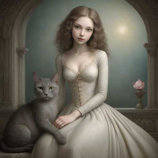 A woman is seated on a bench with her cat beside her. The painting features a blue sky and white clouds as the background, creating an impressionistic style that emphasizes color and light over detail.