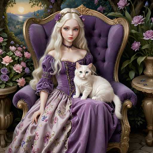 The image depicts a highly detailed, computer-generated scene of a young woman with long, flowing blonde hair adorned with a purple flower. She is seated on a luxurious, purple velvet chair with gold trim, which is placed on a stone floor. The woman is dressed in an elaborate purple gown featuring a corset top and a skirt with a floral pattern. Her blue eyes and pale complexion are striking, and she wears a choker necklace. A white cat with subtle gray stripes sits on her lap, gazing directly at the viewer. The background is richly decorated with a large vase filled with purple and pink flowers, flanked by two tables. The setting appears to be a lush garden, with a picturesque view of a lake, mountains, and a setting sun visible through a circular opening in the foliage. The overall scene exudes a fairy-tale ambiance, reminiscent of a Disney princess.