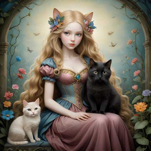 This detailed illustration depicts a young woman with long, wavy blonde hair adorned with flowers. She has striking blue eyes and wears a corset-style dress that is pink at the top, transitioning to blue at the bottom, with a blue gem at the center. Her dress features puffy sleeves that are pink at the top and blue at the bottom. The woman has cat ears and is seated on a blue chair, with a black cat perched on her left knee and a white cat on her right knee. The background is a vibrant garden scene with an archway made of vines and flowers, set against a blue sky with birds flying in the distance. The overall style of the image is reminiscent of a painting, with a whimsical and enchanting atmosphere.