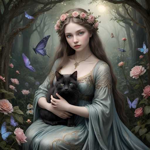In this enchanting, fantasy-like painting, a young woman with long, flowing brown hair adorned with a crown of pink roses sits gracefully in a lush, sunlit forest. Her striking blue eyes and fair complexion are complemented by a light green dress with intricate gold embroidery, which flows elegantly around her. She cradles a black cat with piercing green eyes in her arms, its head nestled against her chest. The scene is bathed in a soft, ethereal light, highlighting the vibrant pink roses and lush greenery that surround her. Butterflies of various colors, including blue, purple, and black, flutter around her, adding to the magical atmosphere. The woman's serene expression and the overall composition evoke a sense of tranquility and wonder, making it a captivating piece of art.