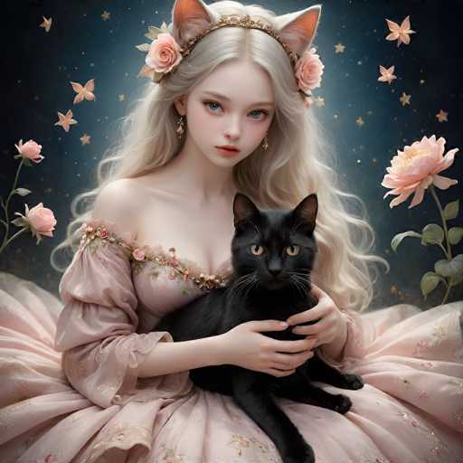 This image features a highly detailed, AI-generated illustration of a young woman with an ethereal appearance. She has long, flowing blonde hair adorned with pink roses and a delicate golden headband. Her striking blue eyes and pale skin give her an almost otherworldly look. She is dressed in a pink, off-the-shoulder gown that flares out dramatically at the bottom, reminiscent of a ball gown. 

In her lap, she cradles a black cat with piercing yellow eyes, which gazes directly at the viewer. The background is a dark, almost black expanse dotted with golden stars and floating pink flowers, enhancing the magical atmosphere of the scene. The woman's expression is serene, and she wears a subtle, almost imperceptible smile. Her ears are adorned with cat-like points, adding to the mystical aura of the illustration.