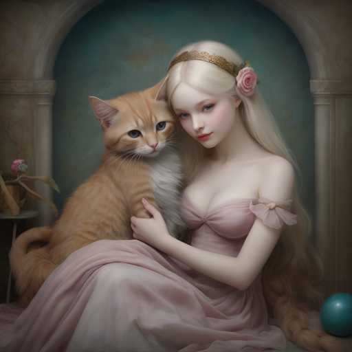 The image depicts a woman and an orange cat sitting together on a bench. The woman is wearing a pink dress with a gold crown on her head, while the cat has a white coat with orange patches. A blue ball is placed in front of them.