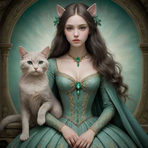 A woman with long brown hair and a green dress is holding a white cat on her lap. The background features a blue and gold color scheme with a large archway.