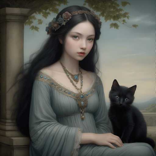 This image is a detailed painting of a young woman with long, dark hair adorned with a floral headband. She is seated on a stone bench, her right hand resting on her lap. The woman is wearing an elaborate, light blue dress with intricate gold and blue beading around the neckline, which features a low V-cut. Her attire is complemented by a large, ornate necklace with blue jewels and a central pendant. She has striking blue eyes and a serene expression. Beside her, on her left, sits a small black kitten with piercing blue eyes, looking directly at the viewer. The background reveals a stone archway, a distant mountain range, and a cloudy sky, adding depth to the scene. The overall composition is rich in detail, with the woman's dress and accessories, as well as the kitten, being particularly prominent.