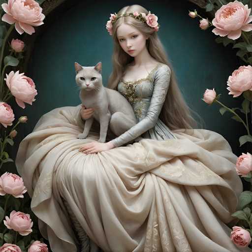 This image is a highly detailed, computer-generated illustration of a young woman with long, flowing blonde hair adorned with pink roses and a green leafy headband. She is dressed in an elaborate, Victorian-style gown that features a light blue bodice with intricate gold embroidery and a voluminous, cream-colored skirt. The woman is seated on a throne-like chair, cradling a gray cat with striking blue eyes in her lap. The cat's front paws rest on her right hand, while her left hand supports the cat's back. Surrounding her are numerous pink roses and rose buds, creating a lush, floral border that frames the scene. The background is a dark teal color, adding depth to the image. The woman's expression is serene, and she gazes directly at the viewer, exuding an air of elegance and grace.