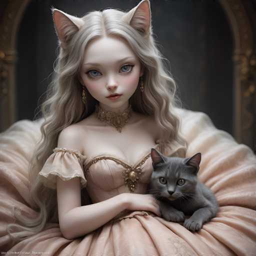 A digital painting of a beautiful, ethereal girl with long, flowing blonde hair and large blue eyes. She is wearing an elaborate, pale peach gown with delicate gold detailing and a matching golden collar adorned with gemstones. She has large cat ears on her head, giving her an otherworldly appearance. A small grey cat is nestled in her lap, looking up at her with large, expressive eyes. The background is a dark, ornate setting with golden architectural details and a soft, diffused lighting that highlights the girl's features. The overall style is reminiscent of fantasy art, with a focus on delicate details and soft colors.
