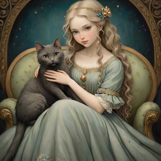 A woman with blonde hair is sitting on a green chair and holding a gray cat. The painting has a blue background and gold accents, giving it an elegant and regal appearance.