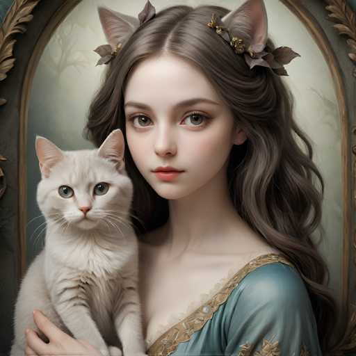 This image depicts a young girl with long, wavy brown hair adorned with cat ears and flowers. She has striking green eyes and is wearing a blue dress with a gold trim. The girl is holding a white cat with gray stripes on its legs and face, which has blue eyes and a pink nose. The cat's ears are also pointed, matching the girl's cat ears. The background features a forest scene with trees and a grayish hue, adding a mystical atmosphere to the portrait. The girl's hand is visible, gently holding the cat, and she appears to be gazing directly at the viewer.