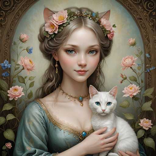 A woman with blonde hair and blue eyes is holding a white cat in her arms against a backdrop of pink flowers and green leaves. The painting features a classical style with intricate details and a focus on the subjects' facial expressions.