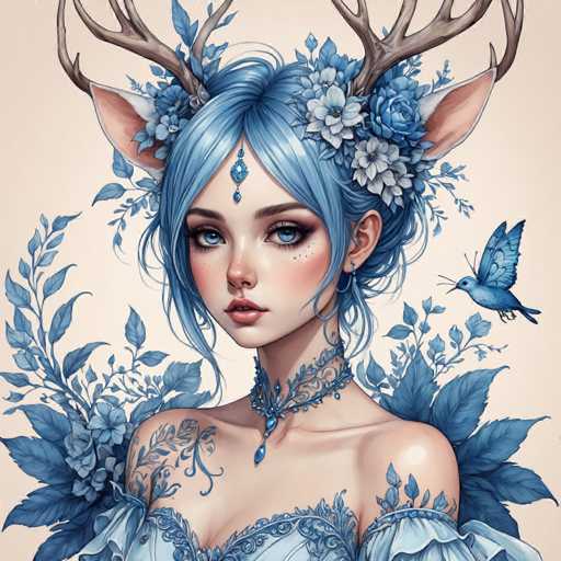 This image features a beautifully detailed, computer-generated artwork of a young woman with striking blue eyes and light blue hair. She is adorned with deer antlers and large, pointed ears that resemble those of a fox or cat, adding a mystical element to her appearance. Her attire is a light blue dress, complemented by a matching blue choker necklace. The woman's face is framed by an array of flowers and leaves, enhancing her ethereal look. A blue bird and a blue butterfly are positioned near her, further emphasizing the enchanting atmosphere of the scene. The background is a soft, light pink, which contrasts beautifully with the blue and white tones of the subject. The overall composition is square, with the woman's head centered, creating a balanced and captivating visual experience.