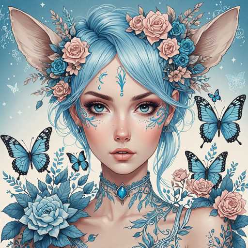 This detailed illustration features a young woman with striking blue hair styled in a bun, adorned with a crown of pink roses and blue flowers. She has large, pointed ears reminiscent of a fox, adding a whimsical touch to her appearance. Her face is intricately decorated with blue floral patterns, particularly around her eyes and forehead, which also features a teardrop design. Her blue eyes are accentuated with long eyelashes, and she wears a choker necklace with a prominent blue gem. The woman's neck and shoulders are covered in blue floral tattoos, extending down to her chest. Surrounding her are several blue butterflies, with one large butterfly on her left shoulder and two smaller ones on her right. The background is a gradient of blue, transitioning from a lighter shade at the bottom to a darker hue at the top, dotted with white stars. The overall composition is rich in detail, blending elements of fantasy and elegance.