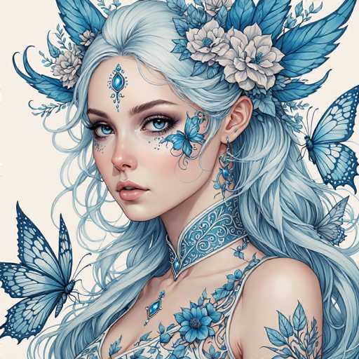 This is a detailed, computer-generated illustration of a young woman with long, wavy, light blue hair. She is depicted from the chest up, facing slightly to the left, with her head turned towards the viewer. Her striking blue eyes are accentuated by blue eyeshadow, and her lips are slightly parted, revealing her top teeth. A blue teardrop-shaped jewel adorns her forehead, with intricate blue designs extending from it. Her cheeks feature blue butterfly-like patterns, and she wears a blue and white choker with a blue jewel at its center. Her attire includes a white dress with blue floral patterns, and her left shoulder is bare, showcasing additional blue floral designs. She has blue butterfly wings on her right shoulder and a blue butterfly on her left. Her ears are adorned with blue earrings, and her hair is styled with blue and white flowers and leaves. The background is a light beige, enhancing the ethereal quality of the image.