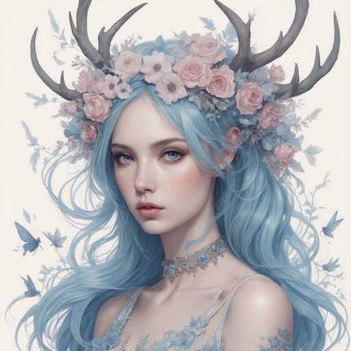 A woman with blue hair and a crown made of flowers is the central figure in this digital illustration. The background features a white color scheme with various elements such as leaves and butterflies scattered throughout.