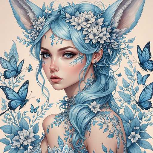 This image is a detailed, computer-generated illustration of a young woman with striking blue hair and matching blue eyes. She has a serene, almost dreamy expression, her gaze directed slightly to the left. Her blue hair is styled in a ponytail that drapes over her shoulder, adorned with white flowers and blue leaves. She wears a delicate, blue lace choker around her neck, and her skin is fair with a subtle pink hue. Intricate blue tattoos of vines and flowers cover her neck and shoulders, extending up to her face, where they form a pattern on her forehead and cheeks. She has large, fox-like ears that are blue with white fur inside, adding to her mystical appearance. Surrounding her are blue butterflies and additional blue flowers, enhancing the ethereal atmosphere of the image. The background is a soft, light pink, which contrasts beautifully with the blue and white elements, making her blue features stand out even more.