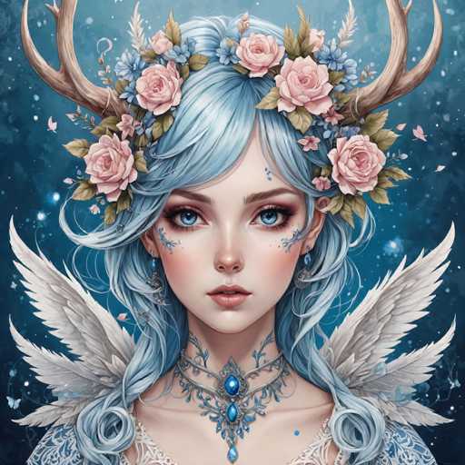 This detailed digital illustration depicts a young woman with striking blue eyes and light blue hair, styled in a wavy, shoulder-length bob. She wears a silver necklace adorned with three blue teardrop-shaped jewels, and her ears are adorned with dangling earrings featuring blue beads. Her face is framed by a floral crown made of pink roses and blue flowers, with deer antlers sprouting from the back of her head. She has a delicate, ethereal appearance, enhanced by the white feathered wings on her back and the blue floral tattoo on her neck. The background is a deep blue, speckled with white dots resembling stars, and pink butterflies flutter around her, adding to the mystical atmosphere.