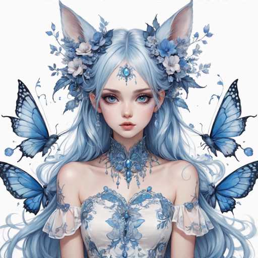 This image features a detailed, computer-generated illustration of a young woman with long, flowing blue hair that cascades down to her waist. She has striking blue eyes and a delicate, pale complexion. Adorning her head are large, fox-like ears that are blue with pinkish insides, and a headpiece made of blue and white flowers intertwined with green leaves. A prominent blue jewel is positioned on her forehead, complementing her blue eye shadow and the blue necklace that sits around her neck. Her attire includes a white dress with blue floral patterns and sheer sleeves that extend to her elbows. Surrounding her are four blue butterflies, two on each side, adding to the ethereal and magical atmosphere of the scene. The background is a clean, white canvas that accentuates the vivid colors and intricate details of the character.