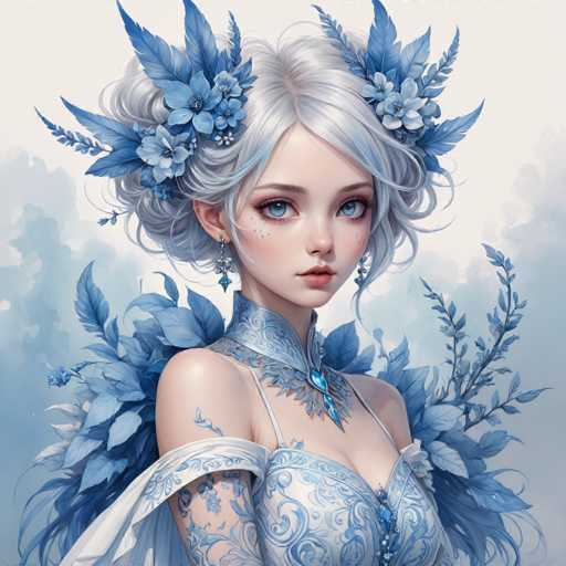 This image features a highly detailed, computer-generated illustration of a young woman with strikingly pale skin and short, white hair. Her hair is adorned with an intricate array of blue flowers and leaves, adding a touch of whimsy to her ethereal appearance. She has large, expressive blue eyes and is wearing a high-collared dress that is predominantly white with blue accents. The dress is complemented by delicate straps and a blue gemstone at the neckline, enhancing its elegant design. Her shoulders are bare, and she has a blue tattoo on her right arm. The background is a soft, light blue, creating a dreamy atmosphere that complements the overall color scheme of the image. The woman is looking directly at the viewer, her expression serene and captivating.