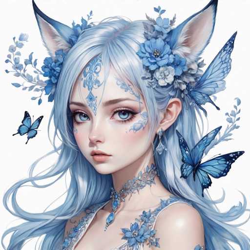 This image features a highly detailed, computer-generated illustration of a young woman with long, flowing blue hair that cascades down to her waist. She has striking blue eyes and is adorned with intricate blue floral patterns and vines that wrap around her face, extending from her forehead down to her cheeks. Her ears are replaced with fox-like ears that are blue with white fur on the inside, adding a whimsical touch to her appearance. She wears a choker necklace made of blue flowers and a white dress with blue floral accents. Surrounding her are three blue butterflies, two positioned near her left shoulder and one near her right shoulder. The background is a clean, white canvas that accentuates the vivid blue and white color scheme of the character. The overall style is reminiscent of a fantasy anime, with a focus on the intricate details and harmonious color palette.