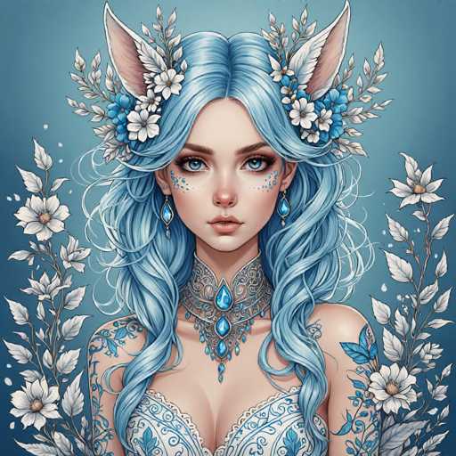 This detailed illustration features a young woman with long, wavy blue hair that cascades down to her chest. Her hair is adorned with white and blue flowers, and she has large, pointed ears that resemble those of a fox or cat, adding a whimsical touch to her appearance. She has striking blue eyes and wears blue teardrop-shaped earrings that complement her elaborate silver necklace, which is decorated with blue teardrop jewels. Her attire includes a white corset-like top with intricate blue designs, and her arms are covered in blue tattoos. The background is a serene blue, and white flowers with green stems frame her figure on both sides, enhancing the ethereal and magical atmosphere of the image.