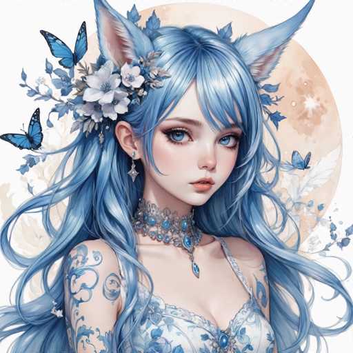 This detailed illustration features a young girl with long, flowing blue hair adorned with white flowers and blue butterflies. She has striking blue eyes and wears a choker necklace with a pendant that matches her hair color. Her attire includes a blue and white dress, and she has blue tattoos on her arms. The background is a soft peach color, and the overall composition is set against a white backdrop. The image captures her from the chest up, with her head slightly tilted to the right.