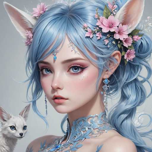 This image features a highly detailed, computer-generated depiction of a young woman with striking blue eyes and long, flowing blue hair. She is adorned with a delicate crown made of flowers and leaves, and her ears are pointed, resembling those of a cat or fox. Her attire includes a blue choker necklace and a matching blue top, complemented by blue earrings. The woman's expression is one of subtle concern as she gazes slightly to the left. In the bottom left corner of the image, a small white cat with blue eyes and pointed ears looks directly at the viewer. The background is a muted gray, which accentuates the vivid colors of the woman and the cat.