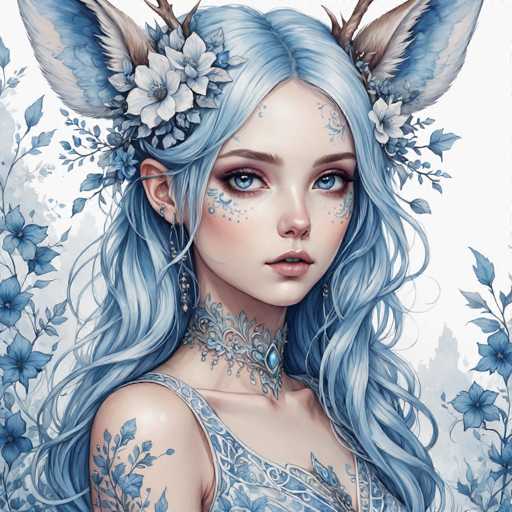 This image is a detailed, computer-generated illustration of a young woman with long, wavy blue hair that cascades down to her waist. She has striking blue eyes and a fair complexion, adorned with intricate blue tattoos and floral patterns on her face, neck, and shoulders. Her attire is a blue dress with a single strap over her shoulder, and she wears a matching blue choker necklace. Her ears are pierced, and she sports a nose ring. She also has large, blue and white feathered ears, reminiscent of animal or bird ears, adding a fantastical element to her appearance. The background features a white backdrop with blue flowers and leaves, enhancing the ethereal and magical aura of the scene.