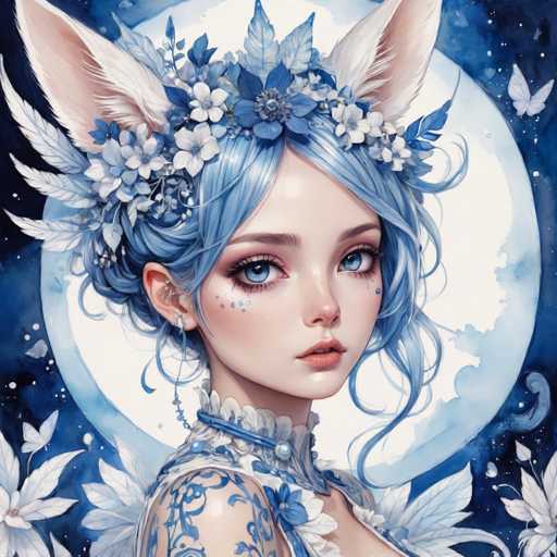 This detailed digital illustration features a young woman with striking blue hair and matching blue eyes. She is adorned with a floral crown made of blue and white flowers, and her ears are pointed, resembling those of a fox or cat. Her face is accentuated with blue dots on her cheeks, adding a whimsical touch. She wears a frilly white and blue collar with a central pearl, complementing her blue and white floral dress. The background is a dark blue night sky filled with stars, a crescent moon, and white flowers. A butterfly flutters in the top right corner, adding to the enchanting atmosphere. The overall color palette is dominated by shades of blue, white, and pink, creating a cohesive and magical aesthetic.