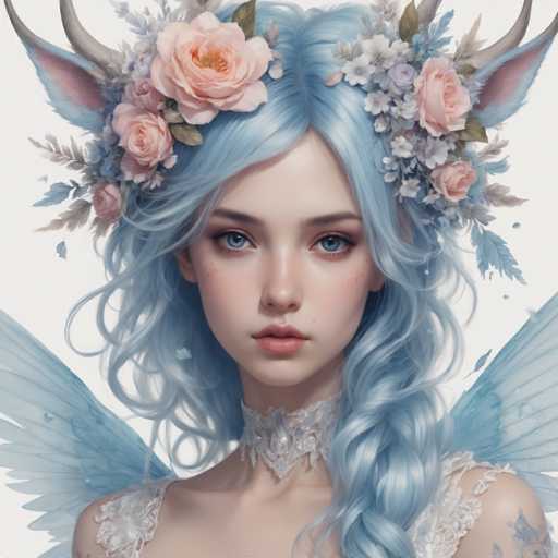 This image is a detailed, computer-generated illustration of a young woman with striking blue eyes and long, wavy blue hair. She has a delicate, pale complexion with a hint of freckles on her cheeks and pink lips. Adorning her head is an elaborate floral crown featuring large pink roses, smaller white flowers, and blue leaves. Her ears are replaced with animal-like ears, possibly cat or fox, that are pink inside and blue outside, adding a whimsical touch to her appearance. She wears a white lace choker with a central jewel and a white, lacy dress that reveals her shoulders. Her blue wings, which are partially visible, enhance her ethereal, fairy-like aura. The background is a simple white, making her intricate details stand out vividly.