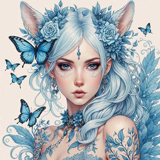 This image features a striking, computer-generated depiction of a woman with an ethereal and mystical appearance. She has long, wavy, silvery-blue hair adorned with intricate floral patterns and roses, and her ears are pointed, resembling those of a fox or cat. Her blue eyes are accentuated by blue butterfly-like designs beneath them, and she wears a delicate blue beaded necklace that drapes down her chest. The woman's attire is minimal, showcasing a blue floral pattern on her chest and a tattoo of blue leaves on her left arm. Surrounding her are several blue butterflies, adding to the magical atmosphere. The background is a soft, light pink, enhancing the dreamlike quality of the image.