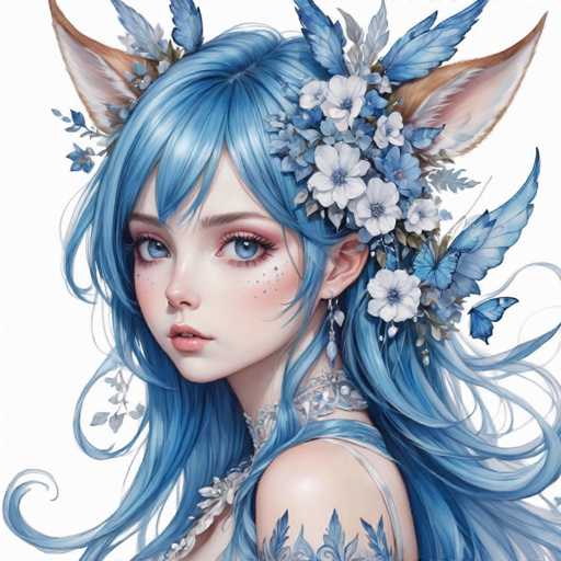 This image features a highly detailed, computer-generated anime-style character of a young girl with striking blue eyes and long, flowing blue hair. She has a delicate, pale complexion and is adorned with a floral headdress made of white and blue flowers, which also includes blue butterflies. The character has large, fox-like ears that are brown with white fur on the inside, adding to her mystical appearance. She is wearing a white dress with thin straps and a floral choker around her neck. A blue butterfly is perched on her shoulder, and she has a small tattoo on her upper arm. The background is plain white, emphasizing the character's intricate design and vibrant colors.
