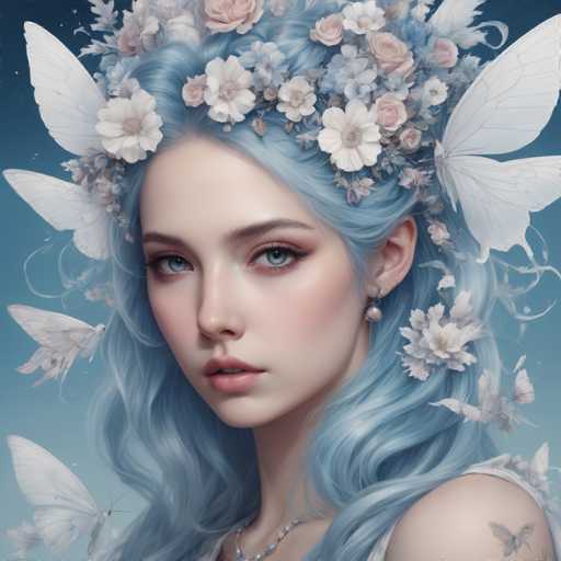 This image is a detailed, computer-generated illustration of a young woman with striking blue eyes and long, wavy blue hair. She is adorned with a headband made of flowers, and her hair is decorated with additional floral elements. The woman is wearing a white sleeveless top, and a silver beaded necklace graces her neck. Her face is framed by a pair of white butterfly wings on either side, and she has a small tattoo of a butterfly on her left shoulder. The background features a gradient of blue, transitioning from a darker shade at the top to a lighter hue at the bottom, with scattered white dots resembling stars. The overall composition is square, and the woman's head is slightly tilted to the left, adding a touch of mystery to her serene expression.
