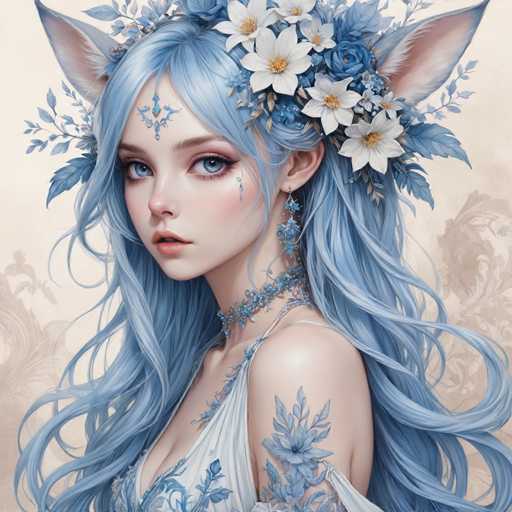 This image portrays a highly detailed, computer-generated or AI-generated fantasy character of a young woman with striking blue eyes and long, flowing blue hair. She has a delicate, almost ethereal appearance, with a light complexion and a slight, pensive smile. Adorning her head are large, fox-like ears that are pink on the inside and white on the outside, adding a whimsical touch to her look. Her hair is decorated with an array of flowers, including white daisies with yellow centers, blue roses, and blue leaves, which blend seamlessly with her hair color. She wears a blue choker necklace and a white dress with blue floral patterns, complemented by blue earrings. A blue jewel is delicately placed on her forehead, enhancing her mystical aura. The background is a soft, light pink with subtle floral designs, further emphasizing the dreamy and enchanting atmosphere of the image.