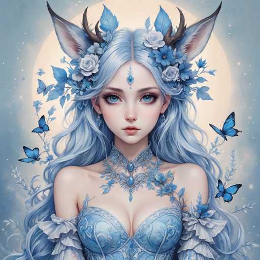 This image features a highly detailed, computer-generated illustration of a young woman with long, flowing blue hair that cascades down to her waist. She has striking blue eyes and a delicate, pale complexion. Adorning her head are large, fox-like ears that are white with black tips, and a headpiece made of blue flowers and leaves. A prominent blue jewel sits on her forehead, complementing her blue eye shadow and the blue butterflies that flutter around her. She wears an elaborate blue dress with intricate floral patterns, a high collar, and a bustier-style top. The dress is accentuated with white ruffles that extend from her shoulders to her elbows. The background is a light blue sky dotted with white stars, and a large, glowing full moon behind her head, adding to the ethereal and magical atmosphere of the scene.