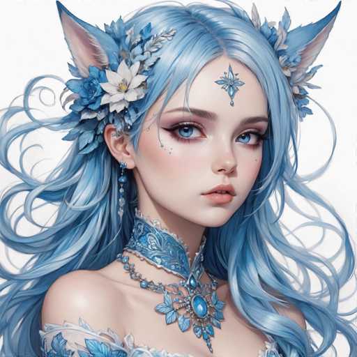This image features a highly detailed, computer-generated illustration of a young woman with striking blue eyes and long, flowing blue hair. She has a delicate, almost ethereal appearance, with a light complexion and a slight smile. Adorning her head are blue and white cat ears, adding a whimsical touch to her look. Her attire includes a blue and white floral choker and a matching necklace with a prominent blue gemstone. The background is a plain white, which makes her vibrant blue features and intricate accessories stand out even more. The overall style of the image is reminiscent of a fantasy anime, with a focus on the character's intricate and colorful accessories.