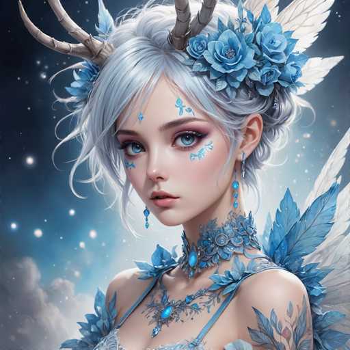 This image is a detailed, computer-generated illustration of a young woman with a fantasy theme. She has striking blue eyes and short, white hair styled in a bun. Her face is adorned with intricate blue tattoos, including a butterfly on her cheek and a fish on her forehead. She wears a blue choker necklace with a prominent blue gem, and a matching blue dress with thin straps. Her attire is complemented by blue earrings and a blue choker necklace. 

Her head is crowned with two brown antlers, and she has a blue flower tucked behind her ear. She also sports white wings, adding to her ethereal appearance. The background features a dark blue sky with white stars and clouds, enhancing the mystical atmosphere of the scene. The overall color palette is dominated by shades of blue, white, and gray, creating a cohesive and enchanting visual effect.