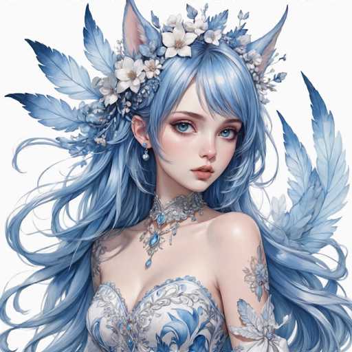 The image depicts a woman with long blue hair wearing a white and blue dress adorned with flowers and feathers. She is looking directly at the camera with an expression of sadness on her face. The background is plain white, which contrasts with the vibrant colors of the woman's dress and highlights her as the main subject of the image.