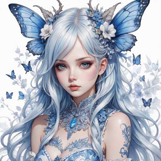 This image features a highly detailed, computer-generated anime-style character of a young woman with long, flowing silver hair that cascades down to her waist. Her hair is adorned with blue and white flowers, and she has striking blue eyes and a small nose. She is wearing a blue dress with a high collar that extends up to her neck, and the dress is decorated with intricate blue floral patterns. A prominent blue gemstone necklace complements her attire. The character has a fair complexion and a subtle, closed-mouth expression. Surrounding her are numerous blue butterflies, adding to the ethereal and magical atmosphere of the scene.