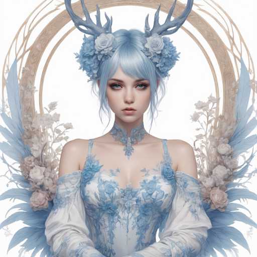 This image features a highly detailed, computer-generated depiction of a young woman with striking blue hair styled in an elaborate updo. Her hair is adorned with large roses and blue flowers, and she wears majestic antlers that extend from the sides of her head. She has a fair complexion, blue eyes, and pink lips, with a few wisps of hair framing her face. Around her neck is a blue lace choker that complements her intricate attire. She is dressed in a corset-like top with thin blue straps and a white fabric adorned with blue floral patterns. The dress has off-the-shoulder sleeves that extend to her elbows, and a blue lace collar that matches the floral design of her top. Surrounding her are blue feathers and additional white roses, adding to the ethereal and fantastical aura of the image. The background is a stark white, emphasizing the intricate details of her attire and accessories.