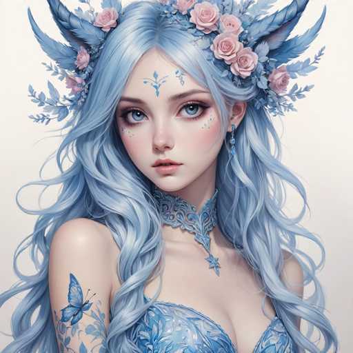 This image features a highly detailed, computer-generated depiction of a young woman with striking blue eyes and long, wavy blue hair. She is adorned with a blue feathered headdress, intricately decorated with pink roses and blue leaves. Her forehead is marked with a blue floral design, complemented by blue diamond-shaped patterns on her forehead and cheeks. She wears a blue choker with a star-shaped pendant and a matching blue bra top. Her left arm is adorned with blue butterfly and floral tattoos. The background is a light gray, enhancing the vivid colors of her attire and accessories. The overall composition exudes a fantasy and elegance, reminiscent of a character from a high-end video game or animated film.