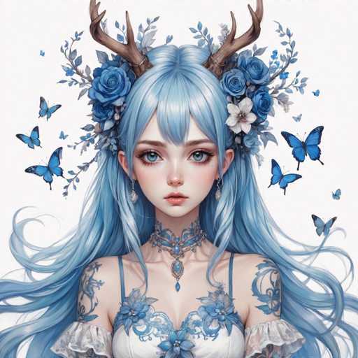 This image features a detailed, computer-generated illustration of a young woman with striking blue hair. She has a delicate, anime-inspired face with large, expressive blue eyes, a small nose, and pink lips. Her hair is styled in a half-up, half-down manner, with the top half pulled back into a bun adorned with blue roses and brown deer antlers. The lower half of her hair cascades down her back, blending shades of blue and white.

Her attire includes a white dress with blue floral accents and thin straps, complemented by a blue choker necklace that features a central blue jewel. She also wears dangling earrings and has blue tattoos on her shoulders. Surrounding her are several blue butterflies, adding to the ethereal and magical atmosphere of the image. The background is a plain white, which makes the vibrant colors of her hair, dress, and the blue butterflies stand out even more.