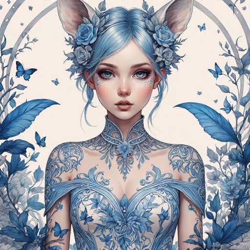 This image features a highly detailed, computer-generated illustration of a young woman with a distinct anime-inspired style. She has striking blue hair adorned with flowers and blue butterflies, and her large, expressive blue eyes are framed by a delicate, heart-shaped face. Her attire is a blue and white dress with a high collar, complemented by intricate blue tattoos that cover her shoulders and chest. The background is a soft beige, accentuated by blue flowers and butterflies that seem to emerge from the sides of the image, adding a whimsical touch to the overall composition.