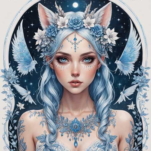This image is a detailed, computer-generated illustration of a young woman with long, wavy blue hair adorned with white flowers and blue roses. She has striking blue eyes and wears a blue necklace that complements her hair. Her face is decorated with blue dots around her eyes, adding to her mystical appearance. She has blue and white wings on either side of her head, and a blue bird is perched on her right shoulder. The background features a dark blue sky with a white moon, and the entire scene is framed by a white border. The woman's attire includes a blue top, and the overall color scheme of the image is predominantly blue and white, giving it a cohesive and ethereal feel.