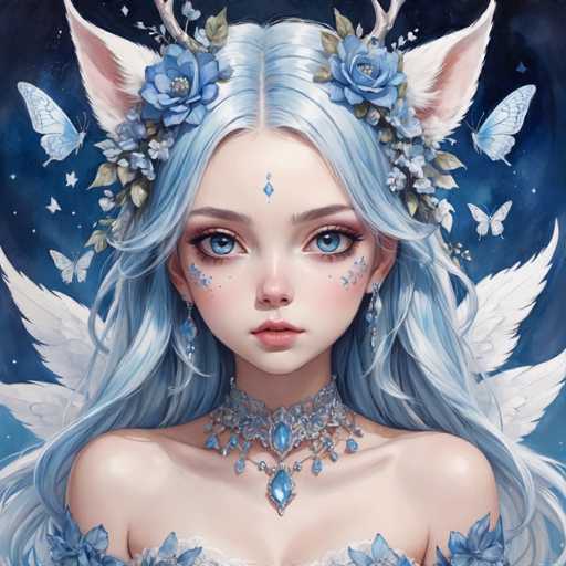 This detailed illustration depicts a young woman with long, wavy blue hair adorned with white and pink cat ears. Her hair is styled with a middle part and cascades down to her shoulders. She has striking blue eyes and wears a blue choker necklace with teardrop-shaped blue gemstones. Her attire includes a blue and white dress, and she has blue flowers in her hair. The background features a dark blue sky with white stars and four blue butterflies fluttering around her. Additionally, she has white angel wings on her back, enhancing her ethereal appearance.