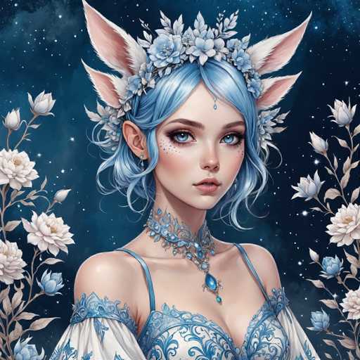 This image is a detailed, computer-generated illustration of a young woman with light blue hair and matching blue eyes. She has a delicate, pale complexion and is adorned with a floral crown made of blue flowers and white leaves. Her ears are pointed, resembling those of an elf, and she has four white and pink fox-like ears protruding from the sides of her head. She wears a blue choker necklace with a large blue pendant that extends down to her chest, complementing her blue and white lacy nightgown. The background is a dark blue sky filled with stars, and white flowers and vines frame her on both sides, adding to the ethereal and magical atmosphere of the scene.